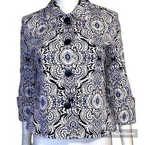 Jones New York Signature Stretch Blue White Black Patterned Blazer Size 4